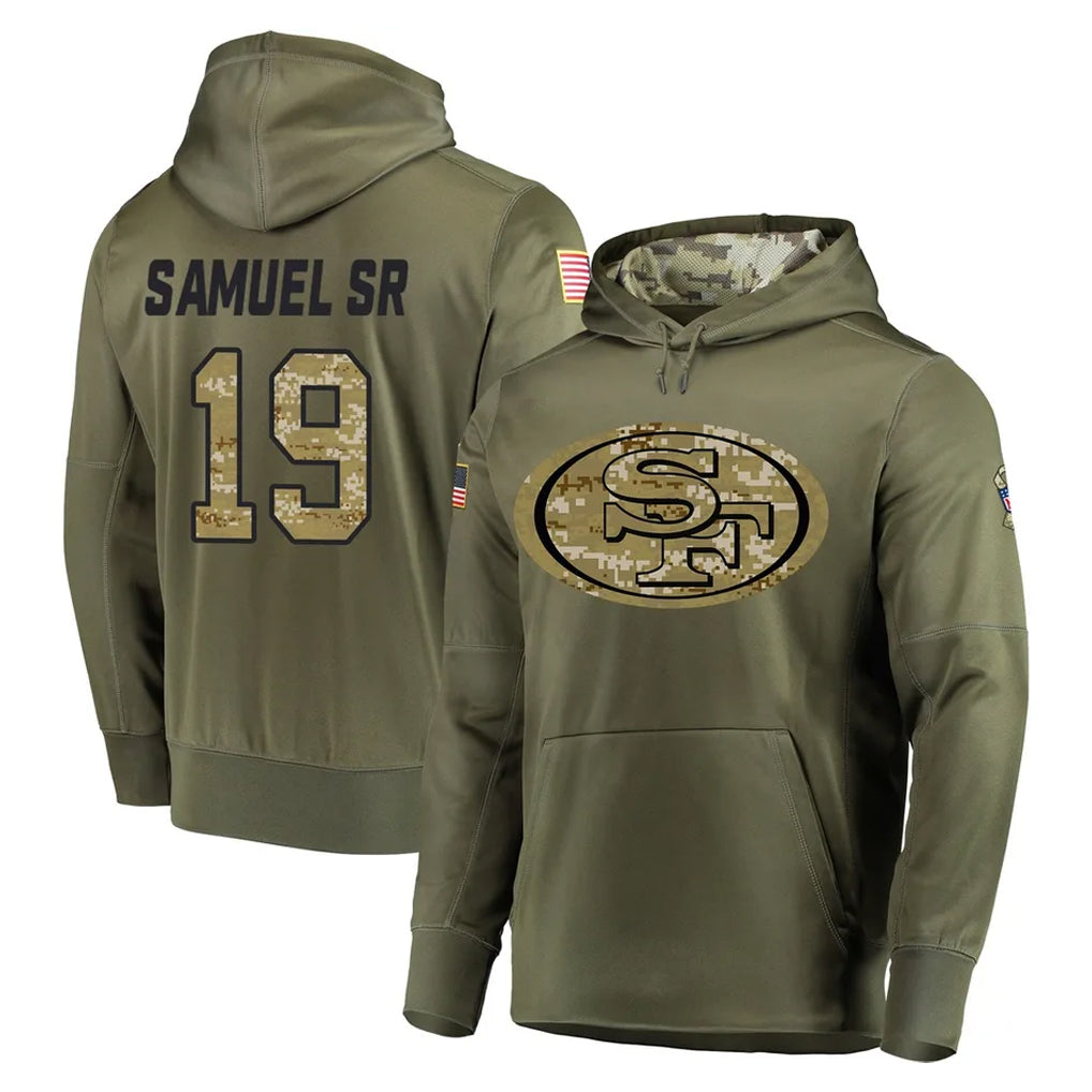 SF.49ers #19 Deebo Samuel Sr. Player Olive Salute to Service Pullover Hoodie Home Game PETTCS Stitched Jerseys