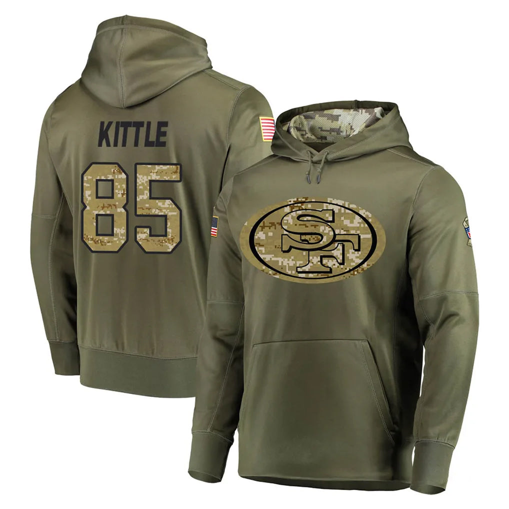SF.49ers #85 George Kittle Player Olive Salute to Service Pullover Hoodie Home Game PETTCS Stitched Jerseys