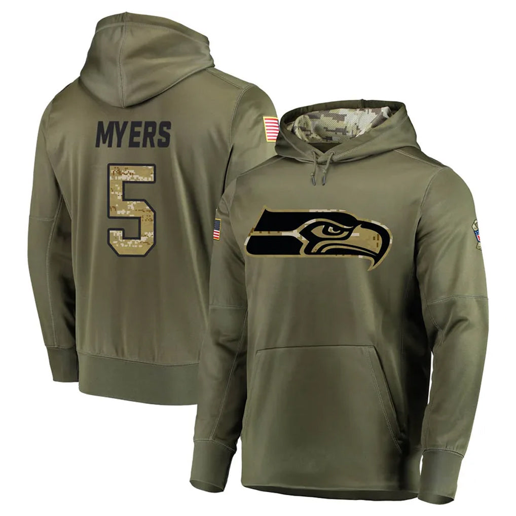 S.Seahawks #5 Jason Myers Player Olive Salute to Service Pullover Hoodie Home Game PETTCS Stitched Jerseys