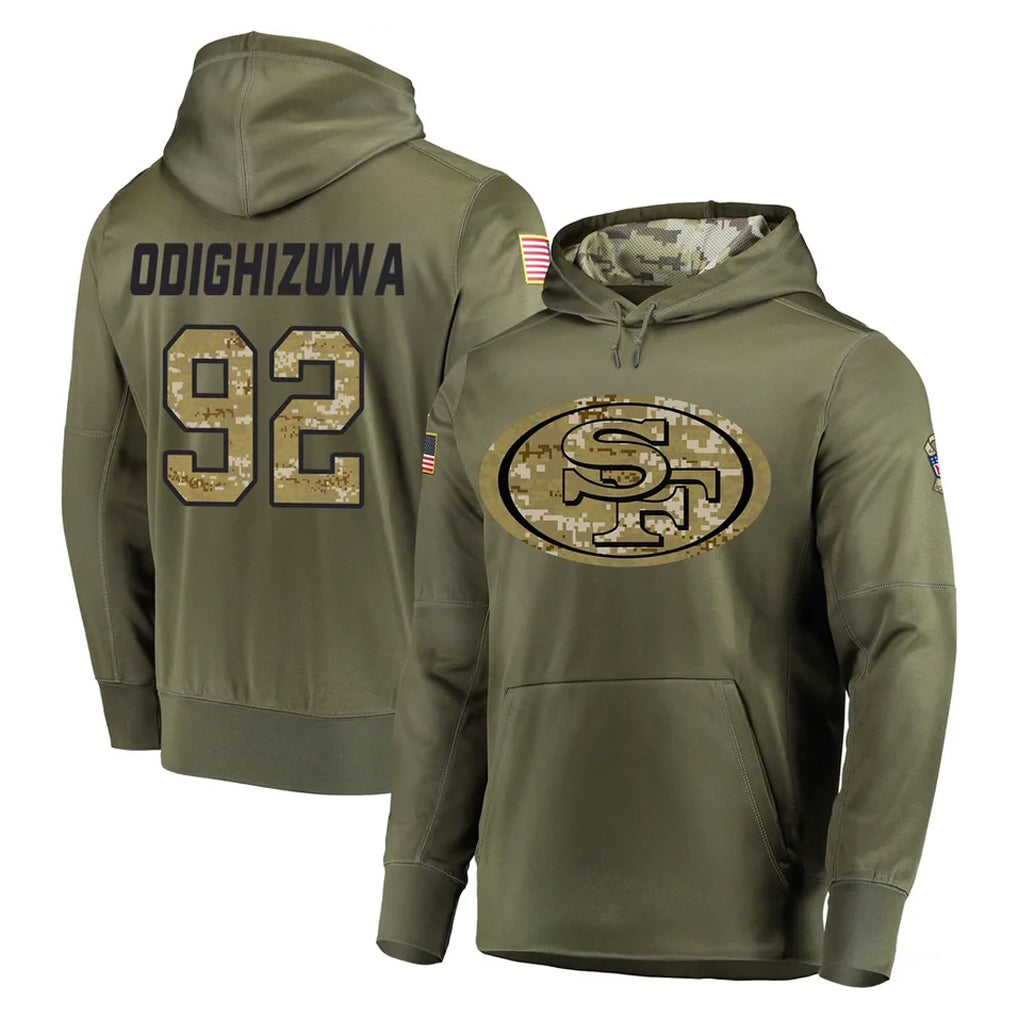 SF.49ers #92 Osa Odighizuwa Player Olive Salute to Service Pullover Hoodie Home Game PETTCS Stitched Jerseys