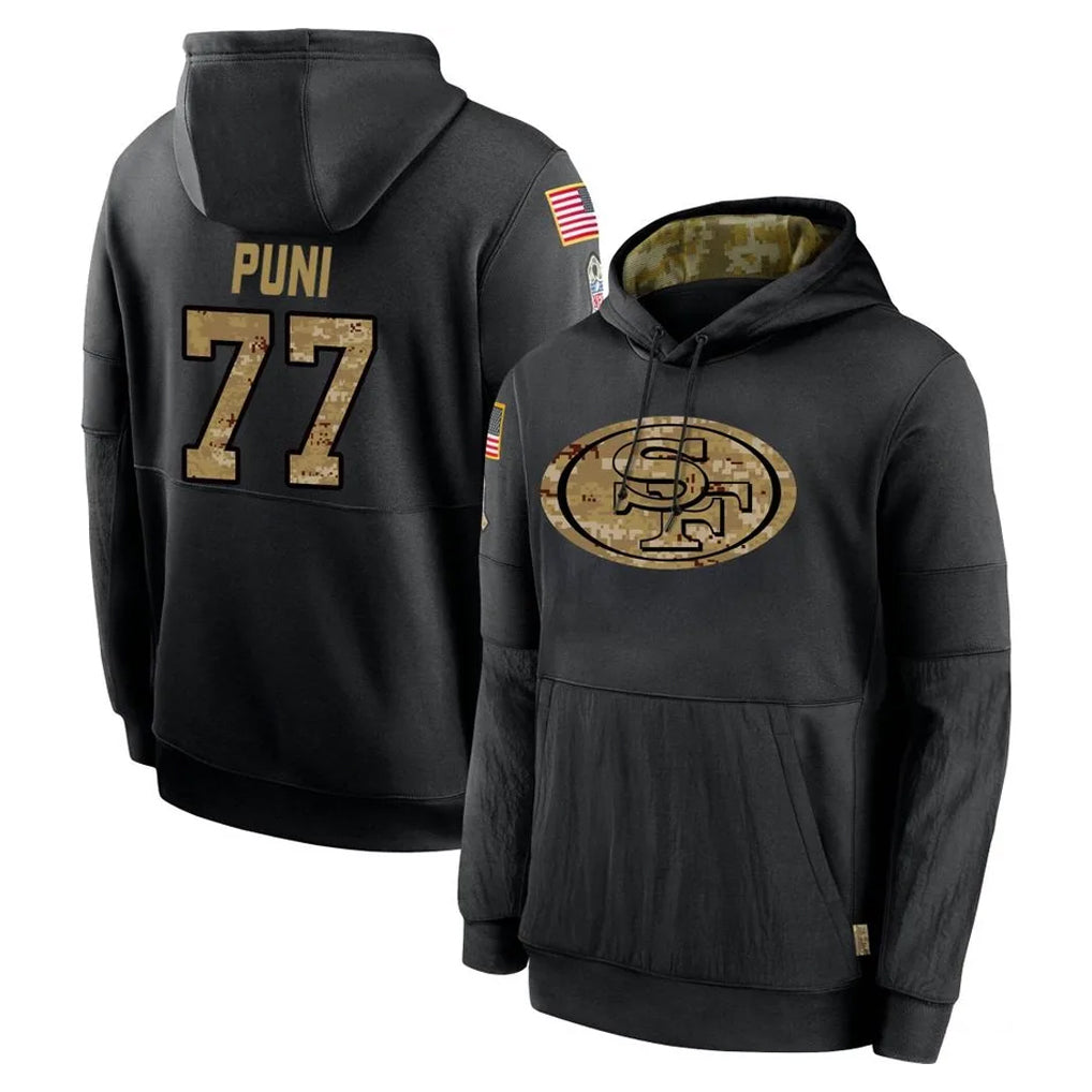 SF.49ers #77 Dominick Puni Player Black Salute to Service Sideline Performance Pullover Hoodies Home Game PETTCS Stitched Jerseys