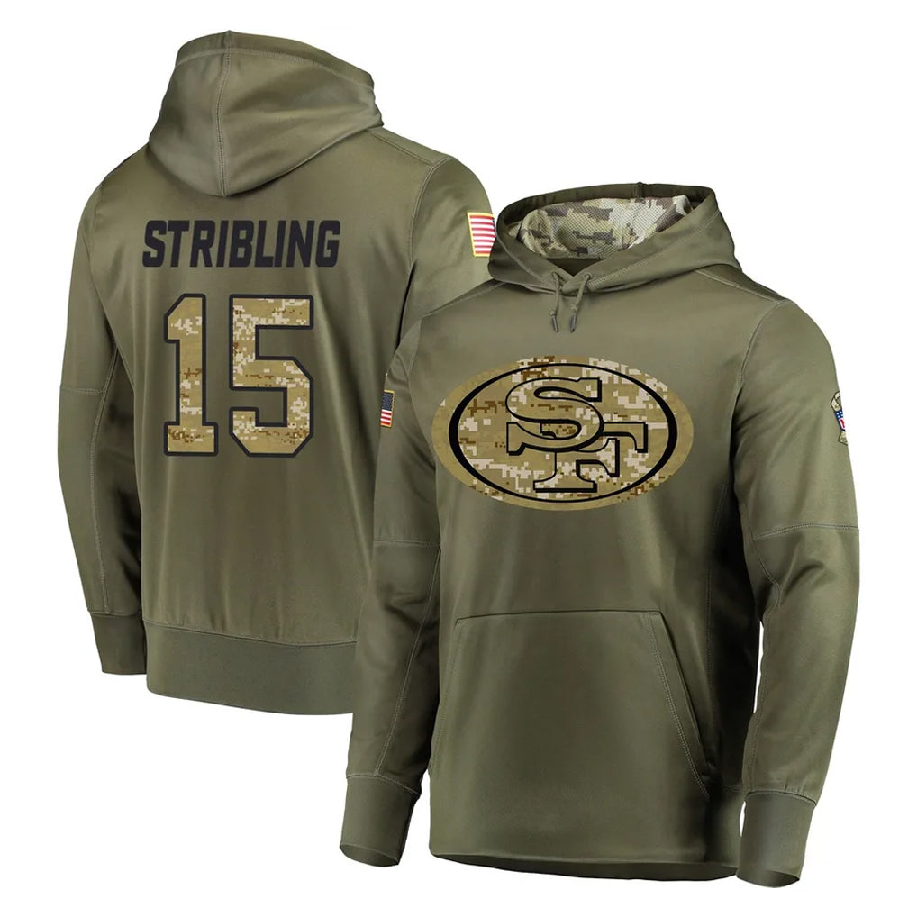 SF.49ers #15 De'Zhaun Stribling Player Olive Salute to Service Pullover Hoodie Home Game PETTCS Stitched Jerseys