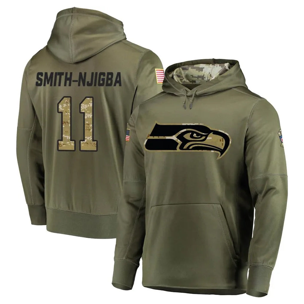 S.Seahawks #13 Ernest Jones IV Player Olive Salute to Service Pullover Hoodie Home Game PETTCS Stitched Jerseys