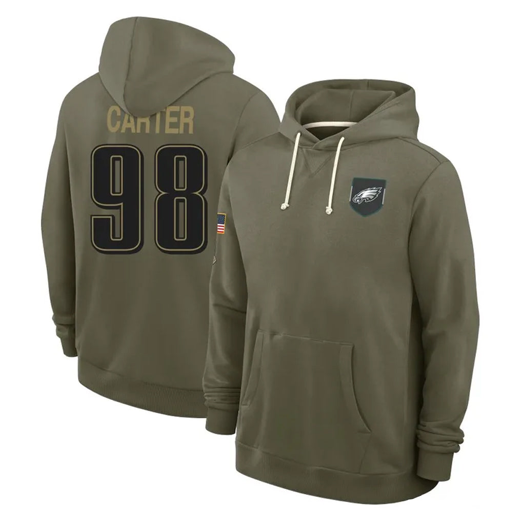 P.Eagles #98 Jalen Carter Player Olive Salute to Service Pullover Hoodies Limited PETTCS Stitched Jerseys