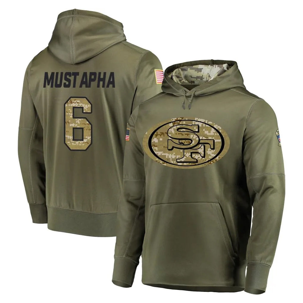 SF.49ers #6 Malik Mustapha Player Olive Salute to Service Pullover Hoodie Home Game PETTCS Stitched Jerseys