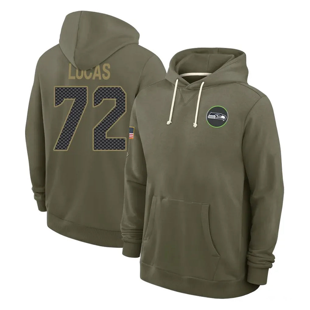 S.Seahawks #72 Abraham Lucas Player Olive Salute to Service Pullover Hoodies Limited PETTCS Stitched Jerseys