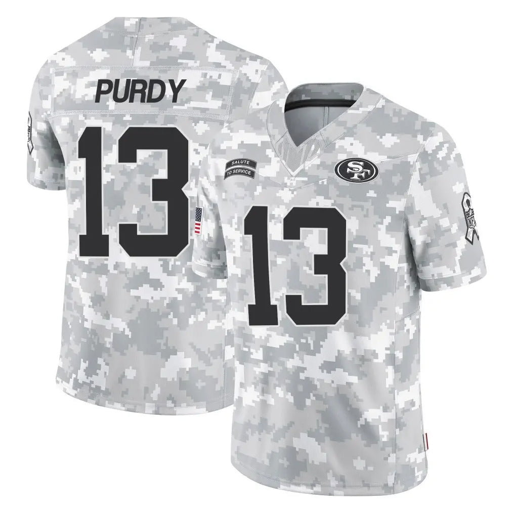 SF.49ers #13 Brock Purdy Player Arctic Camo Limited Salute To Service Home Game PETTCS Stitched Jerseys