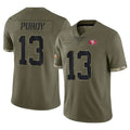 SF.49ers #13 Brock Purdy Player Olive Limited Salute To Service Home Game PETTCS Stitched Jerseys