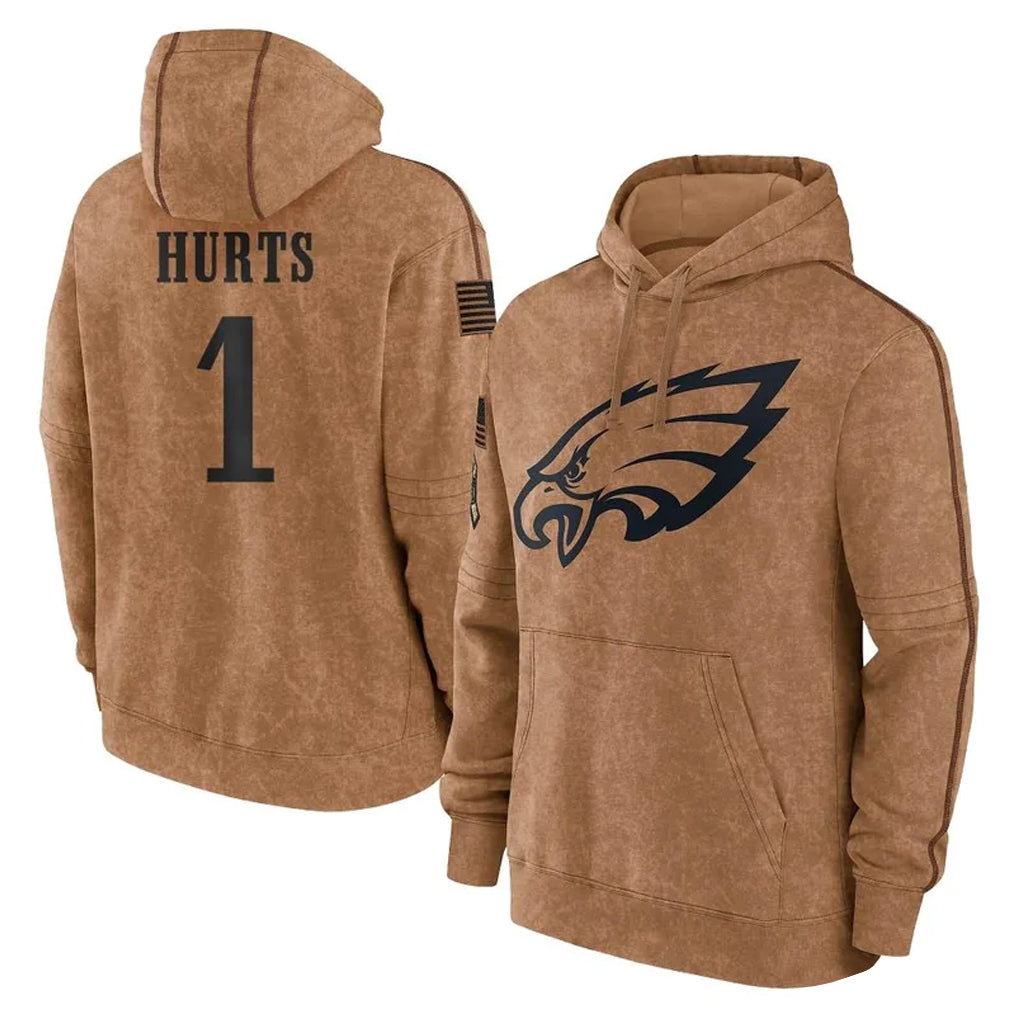 P.Eagles #1 Jalen Hurts Player Brown Salute to Service Pullover Hoodies Limited Game PETTCS Stitched Jerseys