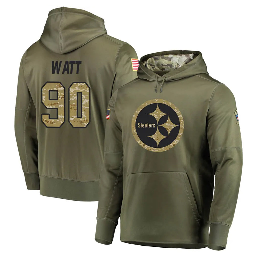 P.Steelers #90 T.J. Watt Player Olive Salute to Service Pullover Hoodie Home Game PETTCS Stitched Jerseys