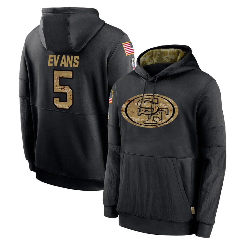 SF.49ers #5 Mike Evans Player Black Salute to Service Sideline Performance Pullover Hoodies Home Game PETTCS Stitched Jerseys