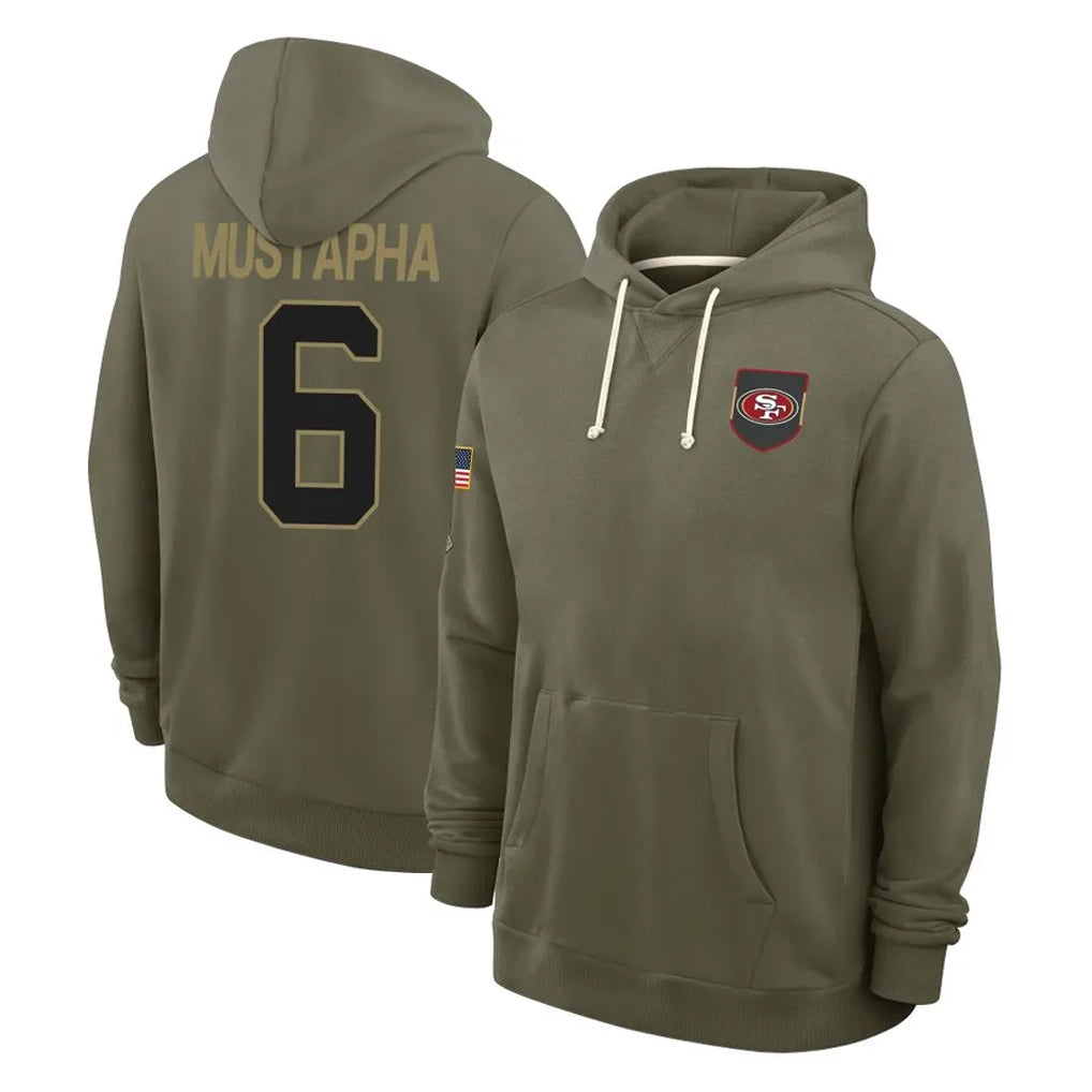 SF.49ers #6 Malik Mustapha Player Olive Salute to Service Pullover Hoodies Limited PETTCS Stitched Jerseys