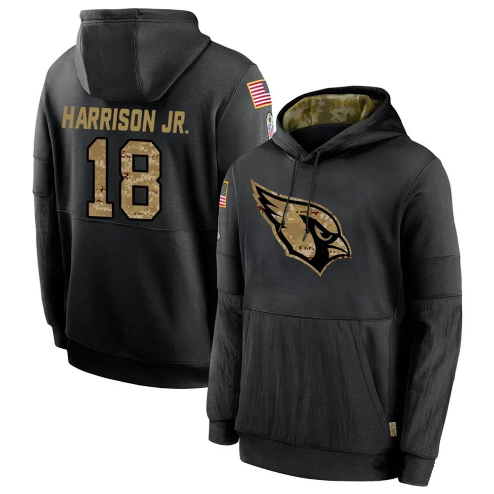 A.Cardinals #18 Marvin Harrison Jr. Player Black Salute to Service Hoodies PETTCS Stitched Jerseys