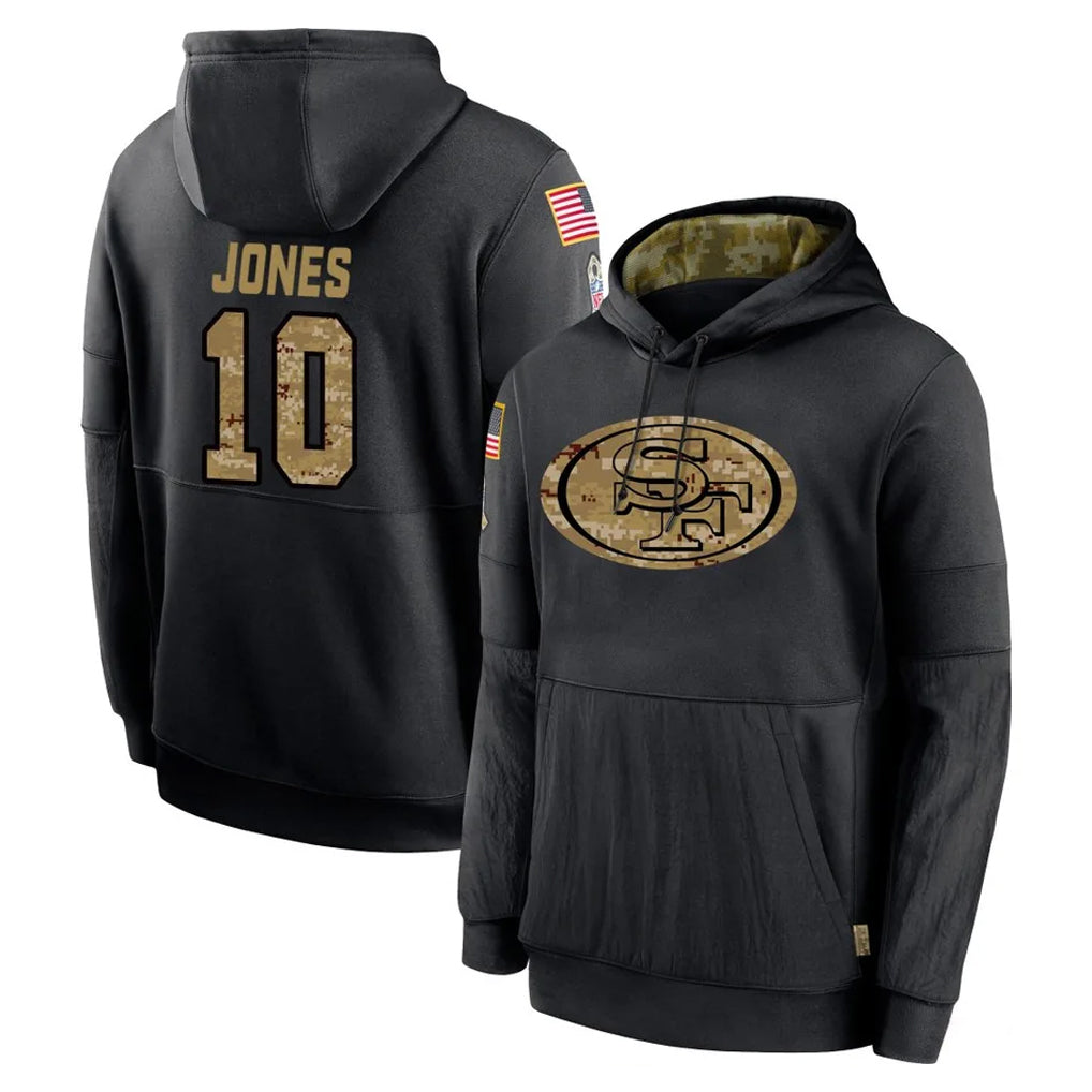 SF.49ers #10 Mac Jones Player Black Salute to Service Sideline Performance Pullover Hoodies Home Game PETTCS Stitched Jerseys