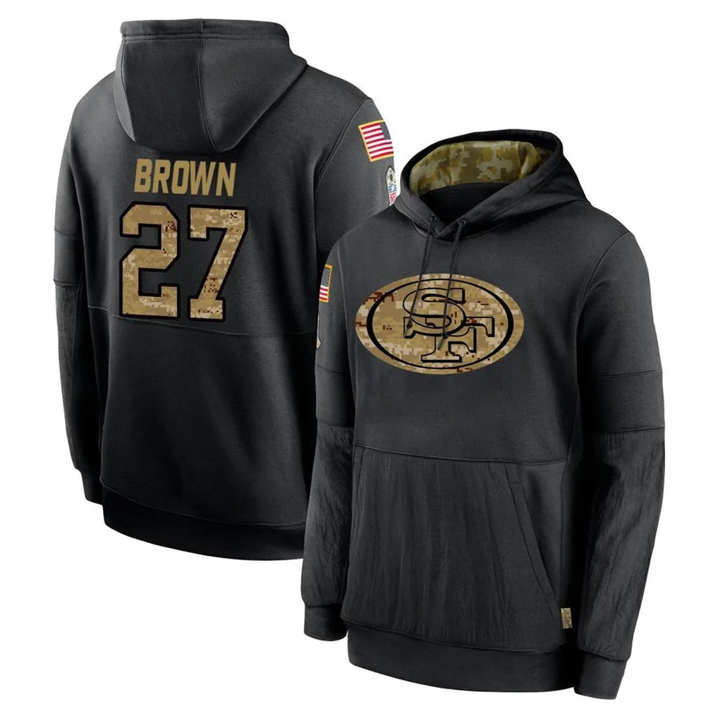 SF.49ers #27 Ji'Ayir Brown Player Black Salute to Service Sideline Performance Pullover Hoodies Home Game PETTCS Stitched Jerseys