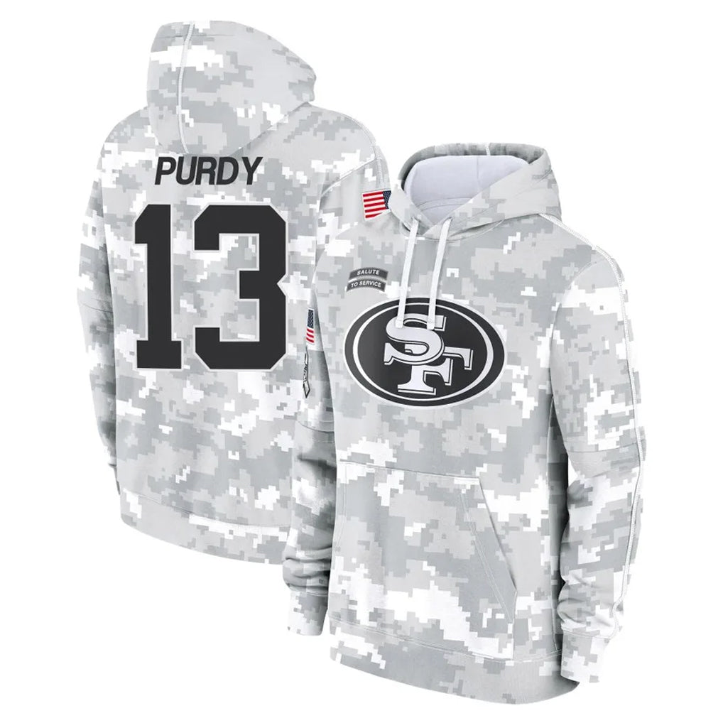 SF.49ers #13 Brock Purdy Player Arctic Camo Limited Salute to Service Pullover Hoodies Game PETTCS Stitched Jerseys