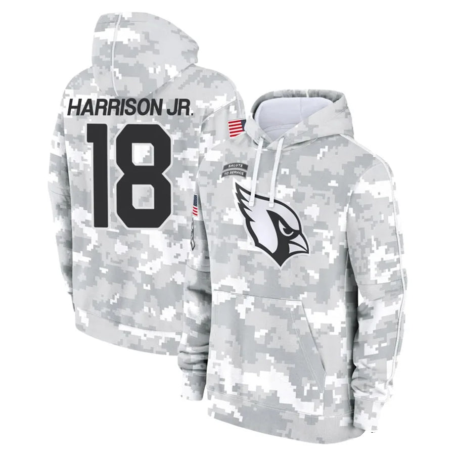 A.Cardinals #18 Marvin Harrison Jr. Player Camo Salute to Service Hoodies PETTCS Stitched Jerseys