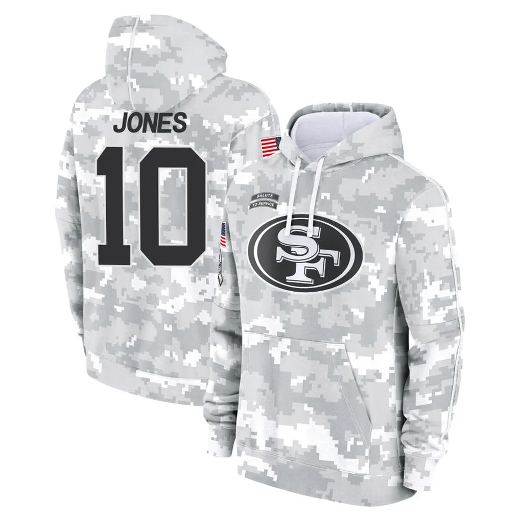 SF.49ers #10 Mac Jones Player Arctic Camo Limited Salute to Service Pullover Hoodies Game PETTCS Stitched Jerseys