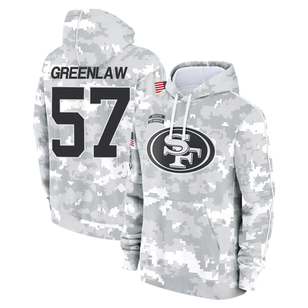 SF.49ers #57 Dre Greenlaw Player Arctic Camo Limited Salute to Service Pullover Hoodies Game PETTCS Stitched Jerseys
