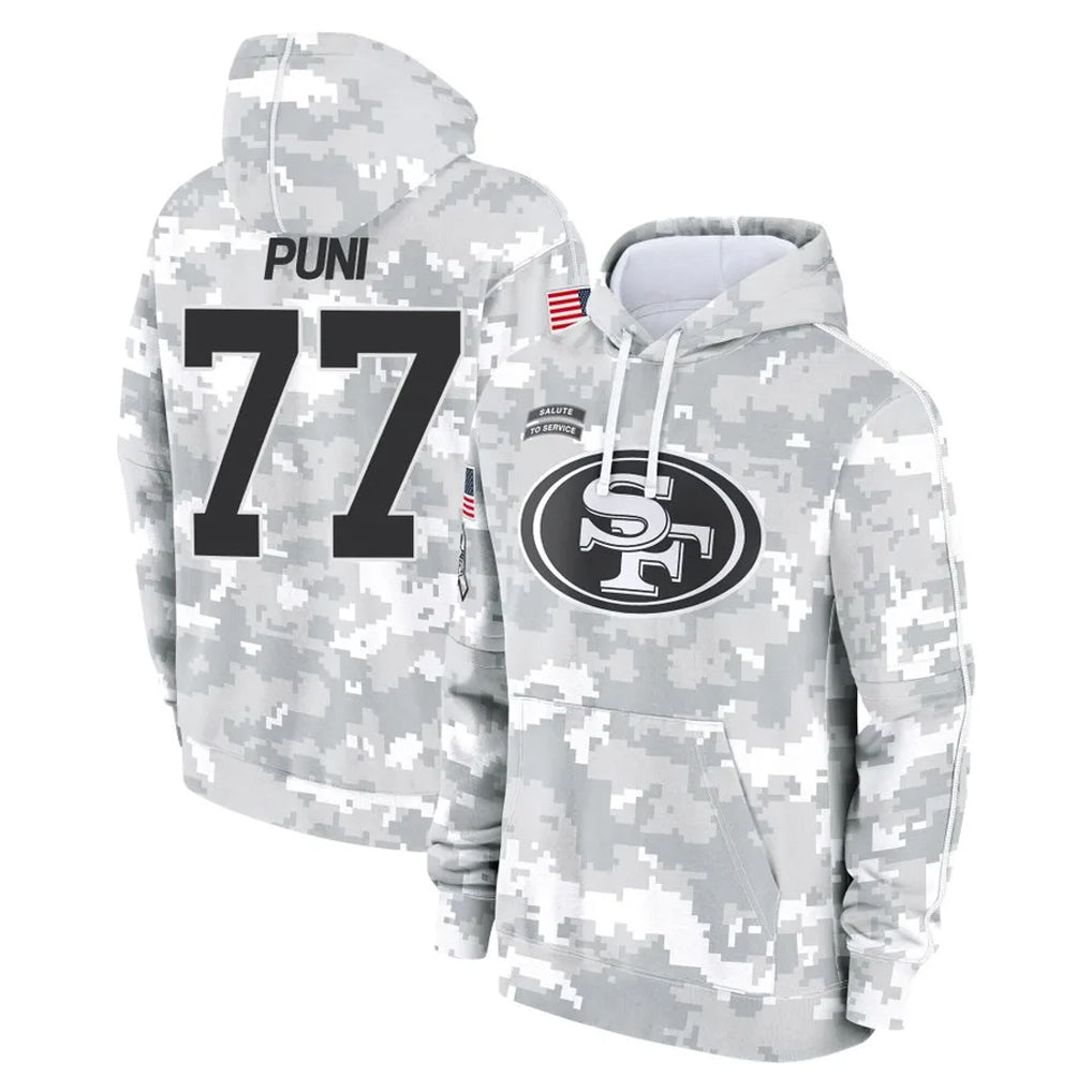 SF.49ers #77 Dominick Puni Player Arctic Camo Limited Salute to Service Pullover Hoodies Game PETTCS Stitched Jerseys