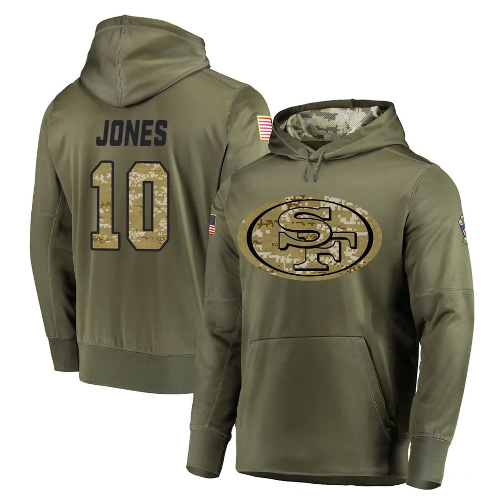 SF.49ers #10 Mac Jones Player Olive Salute to Service Pullover Hoodie Home Game PETTCS Stitched Jerseys