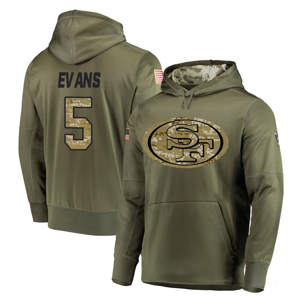 SF.49ers #5 Mike Evans Player Olive Salute to Service Pullover Hoodie Home Game PETTCS Stitched Jerseys