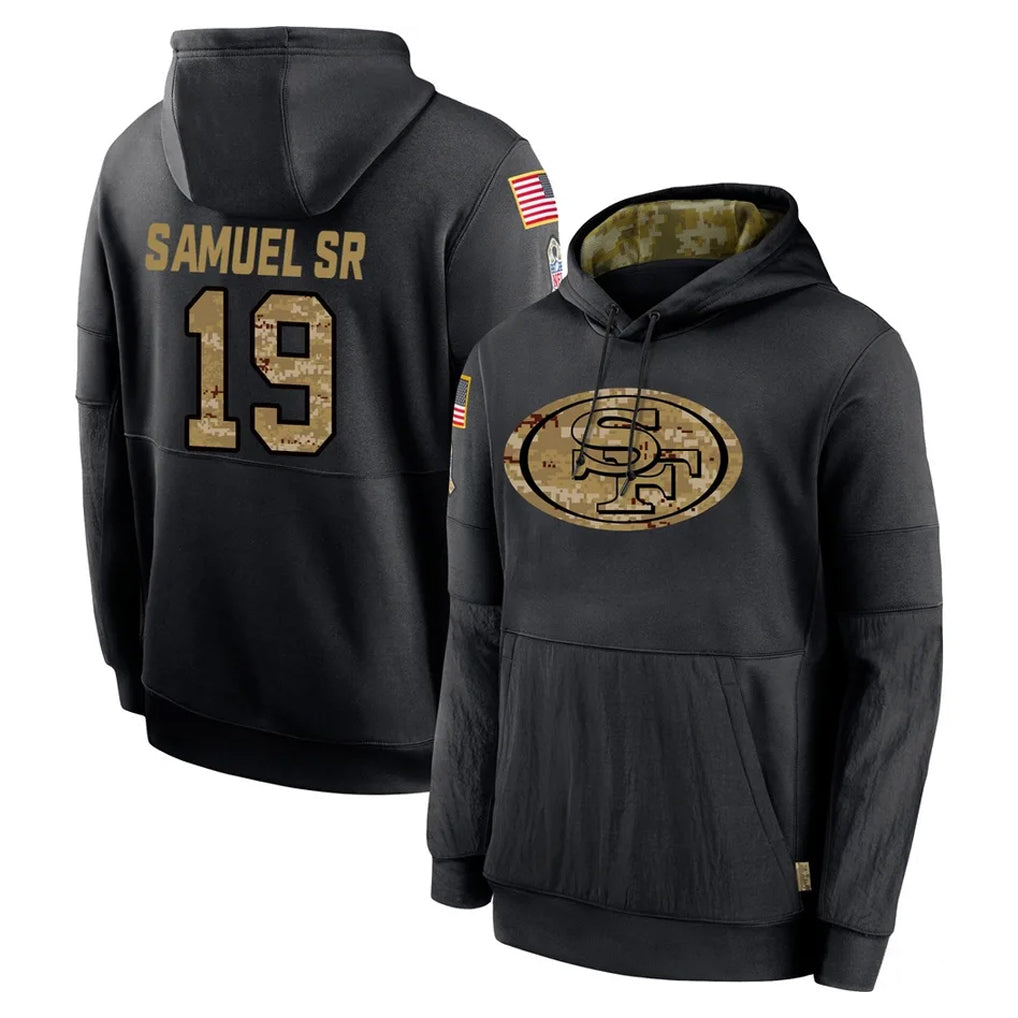 SF.49ers #19 Deebo Samuel Sr. Player Black Salute to Service Sideline Performance Pullover Hoodies Home Game PETTCS Stitched Jerseys