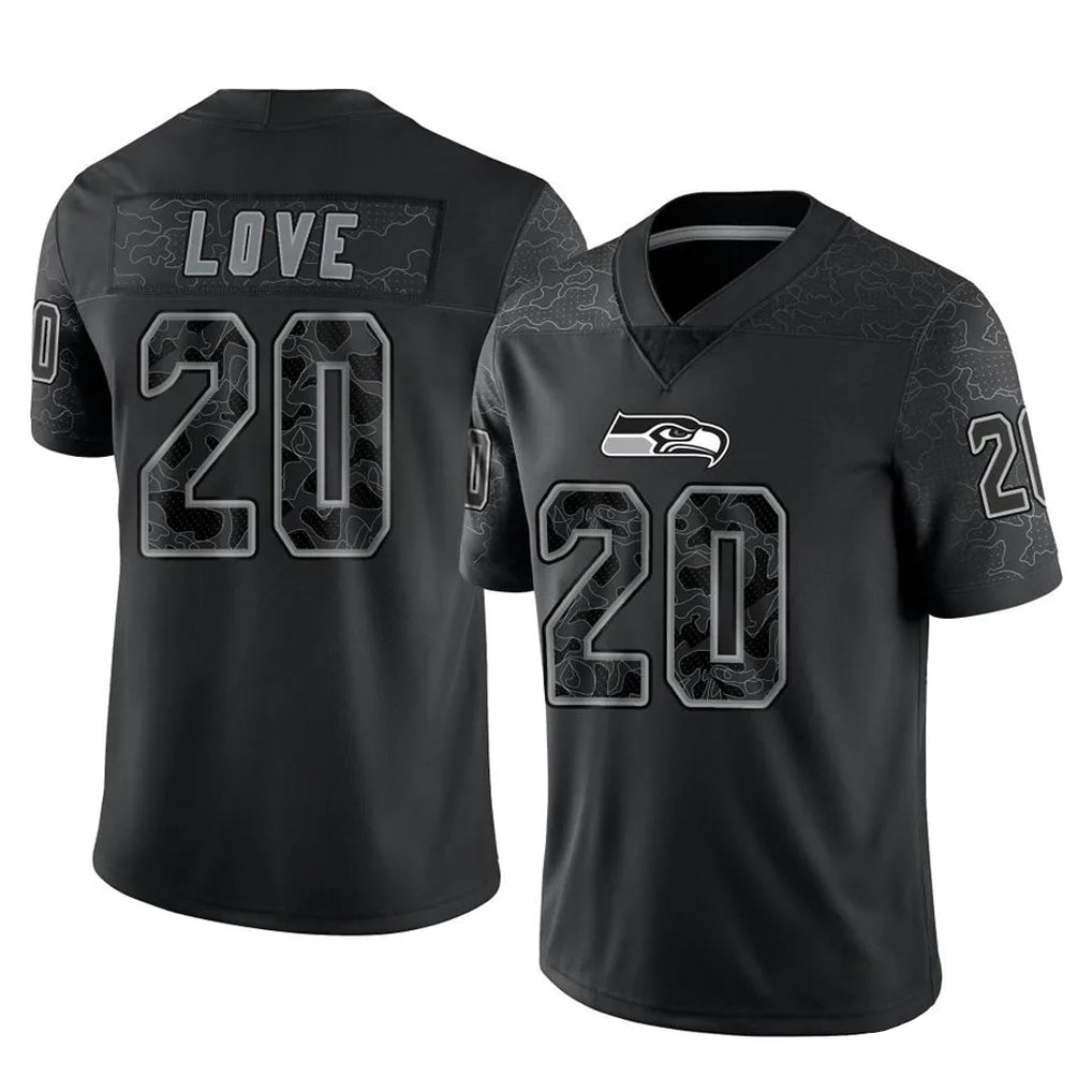 S.Seahawks #20 Julian Love Player Black Limited Reflective Home Game PETTCS Stitched Jerseys