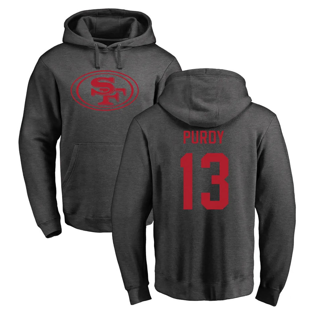 SF.49ers #13 Brock Purdy Player Anthracite Pullover Hoodies Home Game PETTCS Stitched Jerseys