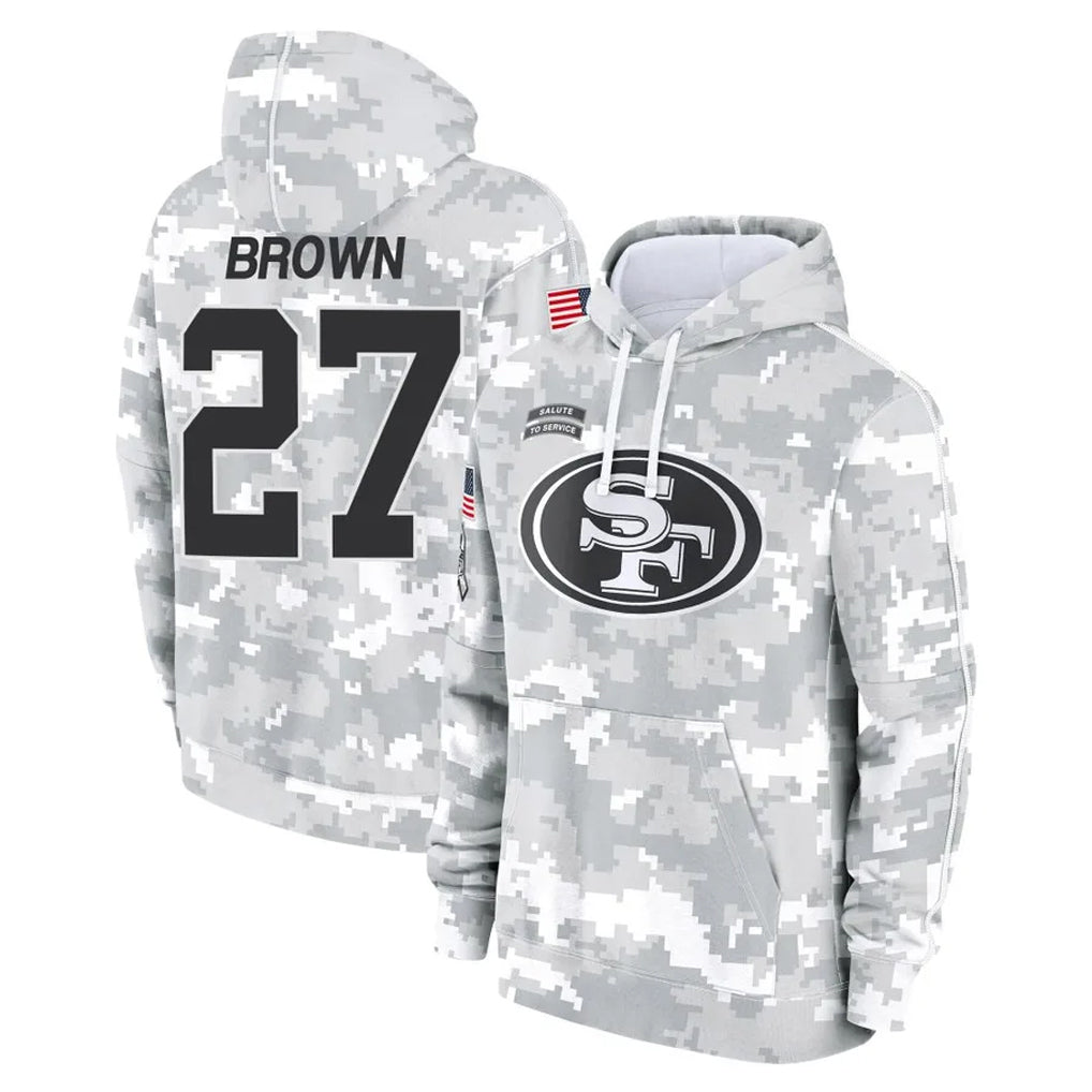 SF.49ers #27 Ji'Ayir Brown Player Arctic Camo Limited Salute to Service Pullover Hoodies Game PETTCS Stitched Jerseys