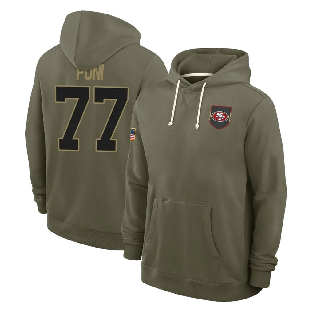 SF.49ers #77 Dominick Puni Player Olive Salute to Service Pullover Hoodies Limited PETTCS Stitched Jerseys