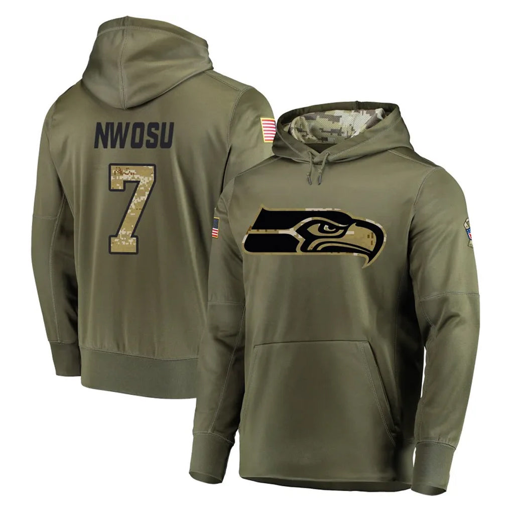 S.Seahawks #7 Uchenna Nwosu Player Olive Salute to Service Pullover Hoodie Home Game PETTCS Stitched Jerseys