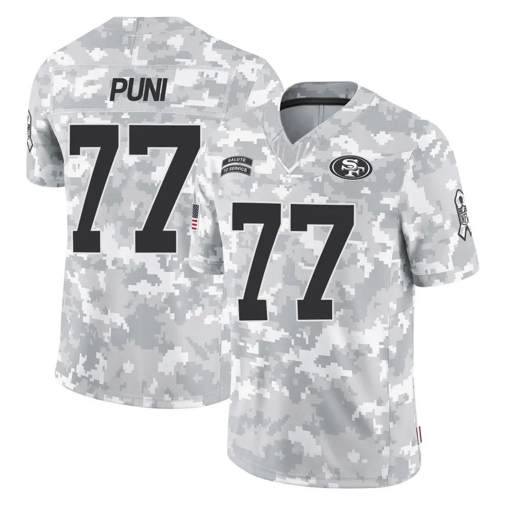 SF.49ers #77 Dominick Puni Player Arctic Camo Limited Salute To Service Home Game PETTCS Stitched Jerseys