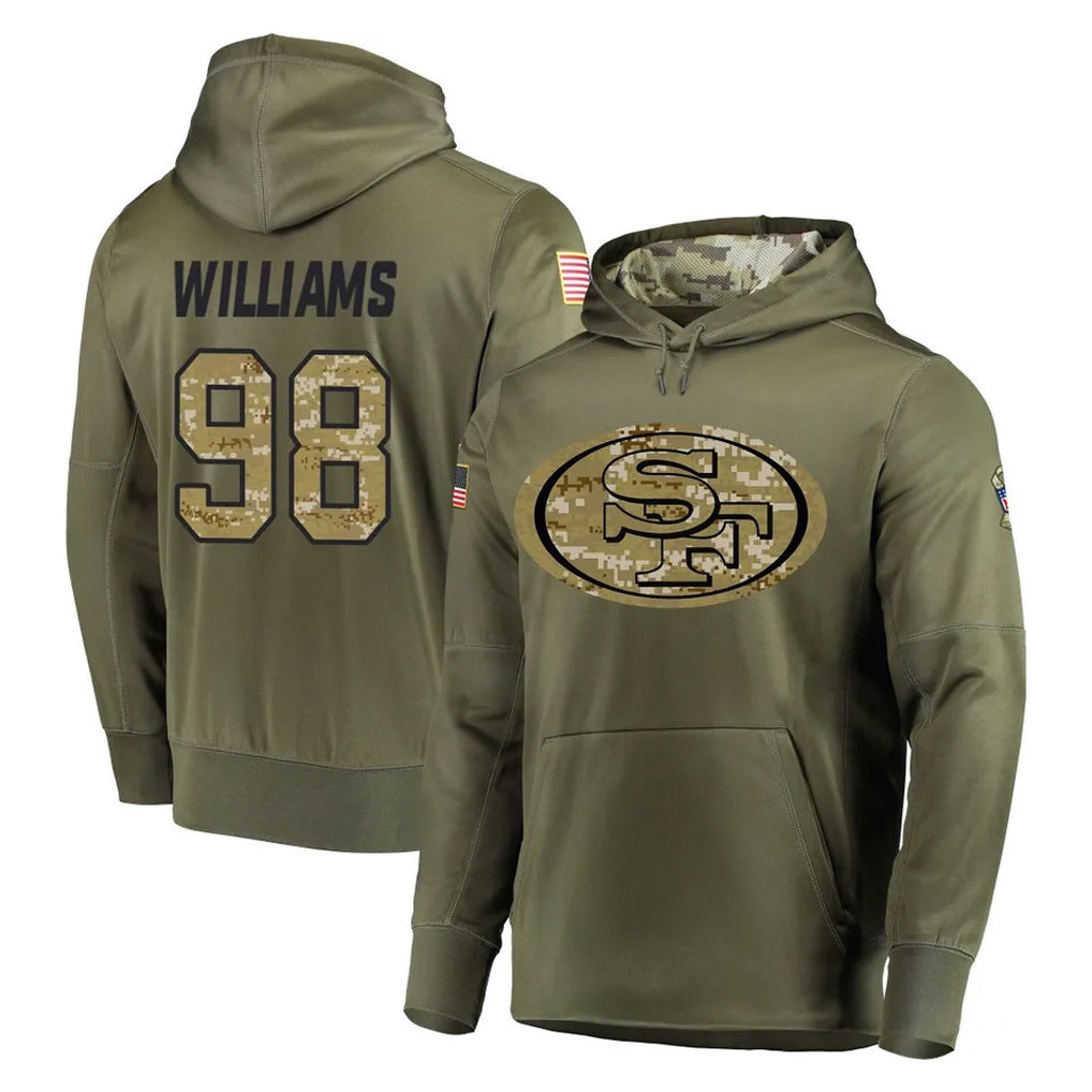 SF.49ers #98 Mykel Williams Player Olive Salute to Service Pullover Hoodie Home Game PETTCS Stitched Jerseys