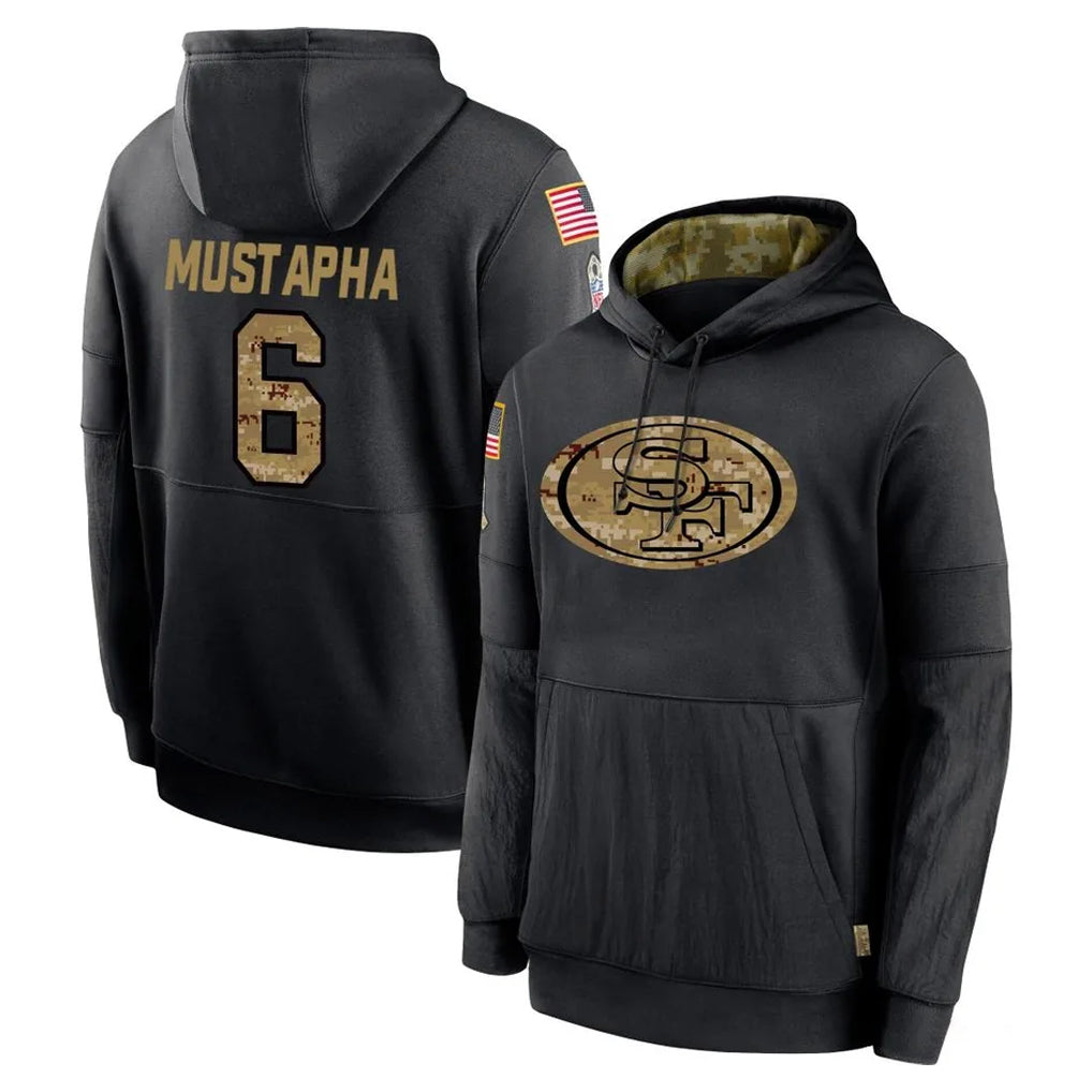 SF.49ers #6 Malik Mustapha Player Black Salute to Service Sideline Performance Pullover Hoodies Home Game PETTCS Stitched Jerseys