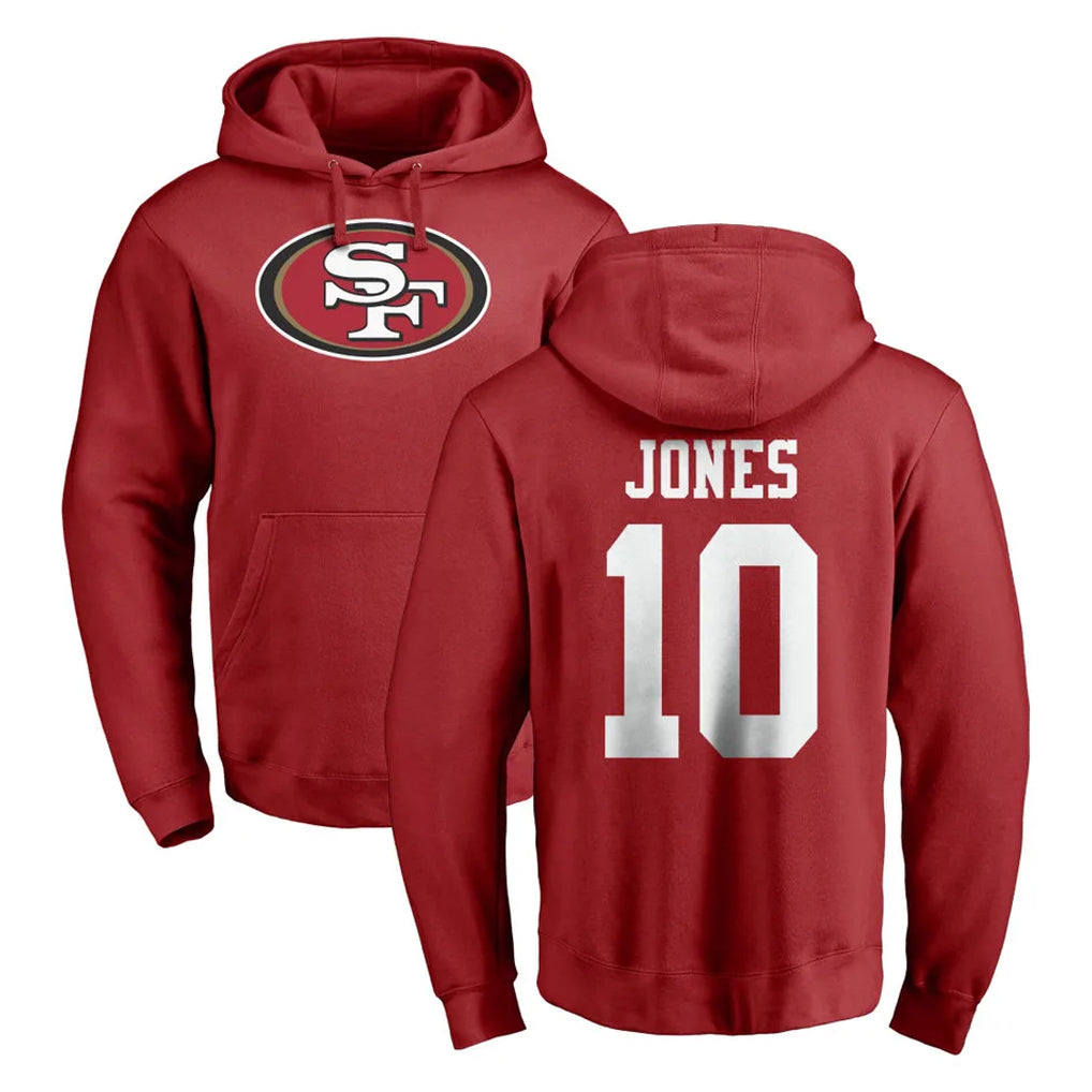 SF.49ers #10 Mac Jones Player Red LOGO Pullover Hoodies Home Game PETTCS Stitched Jerseys