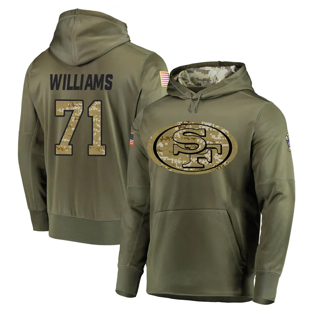 SF.49ers #71 Trent Williams Player Olive Salute to Service Pullover Hoodie Home Game PETTCS Stitched Jerseys