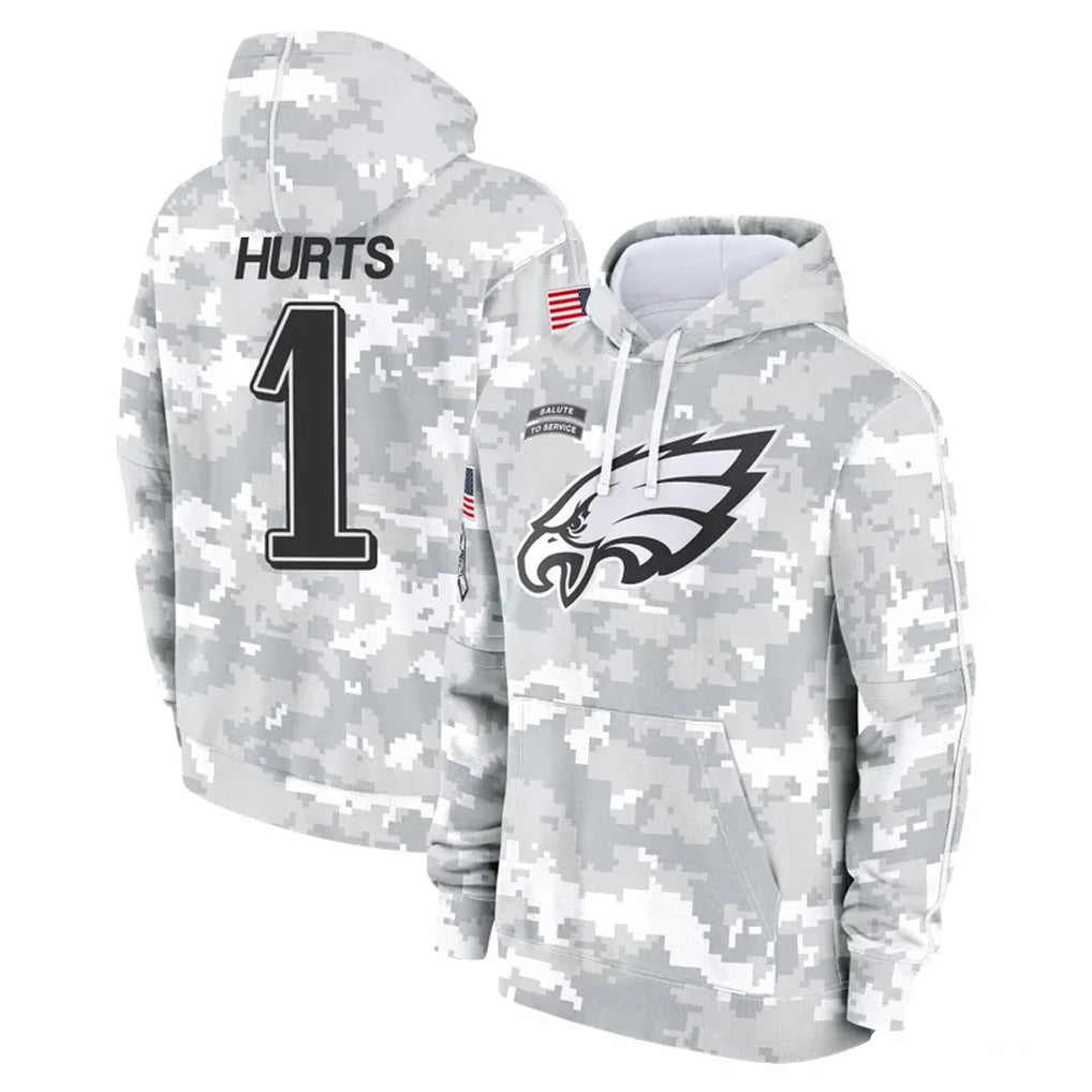 P.Eagles #1 Jalen Hurts Player Arctic Camo Salute to Service Pullover Hoodies Limited Game PETTCS Stitched Jerseys