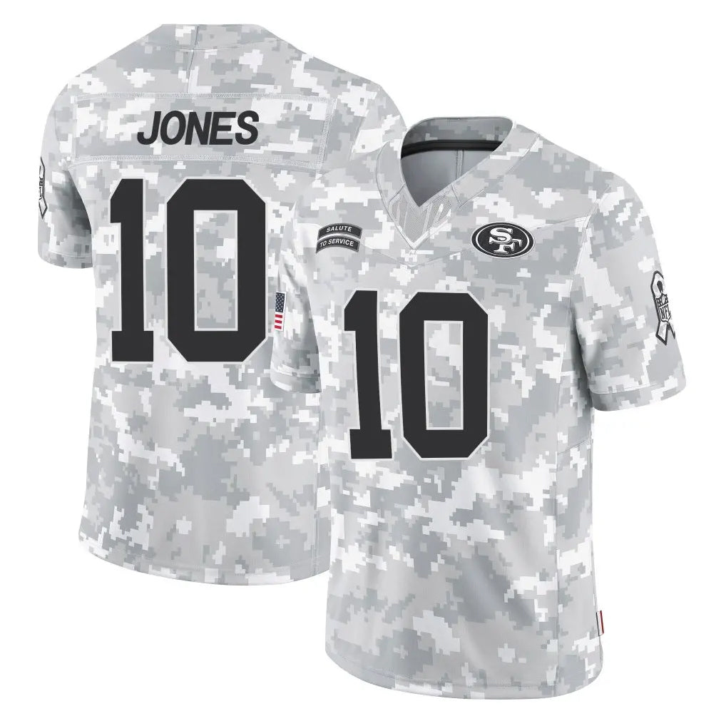 SF.49ers #10 Mac Jones Player Arctic Camo Limited Salute To Service Home Game PETTCS Stitched Jerseys